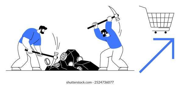 Two workers using hammers to break blocks with a shopping cart and upward arrow design. Ideal for business growth, construction, manual labor, teamwork, economics