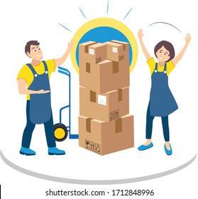 Two workers in warehouse with lot of goods, seller man and woman with boxes protecting packaged merchandise