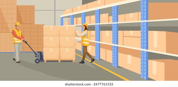 Two workers in a warehouse handling packed boxes. Vector illustration on a light background. Concept of logistics and supply chain management. Vector illustration