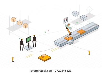 Two workers watch a robotic arm handling packages at a distribution center in a warehouse. The scene shows automation and efficiency in operation.