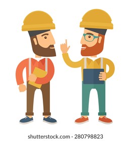A two workers wearing hard hat talking .A Contemporary style. Vector flat design illustration isolated white background. Square layout 