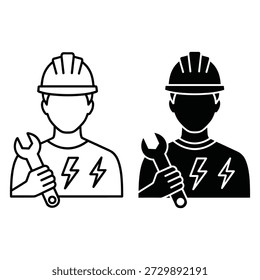 Dos trabajadores con cascos que sostienen llaves con símbolos de rayos en sus camisas