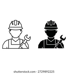 Dos trabajadores con cascos que sostienen llaves en mano de obra de construcción de línea blanca y negra