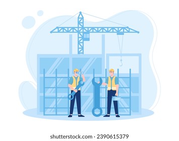 two workers were making observations while working on the building trending concept flat illustration