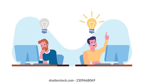 Dos trabajadores con y sin idea. Gente trabajando en computadoras. Bombillas de solución. Brainstorming de hombres de negocios. Fracaso y éxito. Empleados de oficina. Lámpara de inspiración