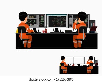 Two workers are working in control room