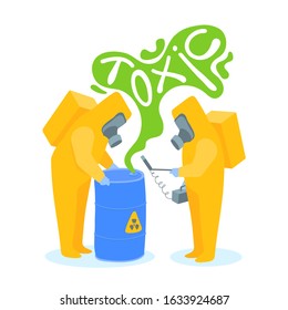 Two workers in yellow protective suits next to a barrel of radioactive waste. A worker holds a radiation meter, a Geiger counter, in his hand. Vector cartoon illustration isolated on white background.