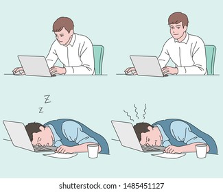 Two working attitudes  A man and bright expression   man who is tired   asleep  hand drawn style vector design illustrations  