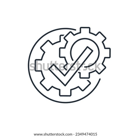 Two working mechanisms with a check mark for approval. Technical interaction. Coordination of actions. Vector linear icon isolated on white background.
