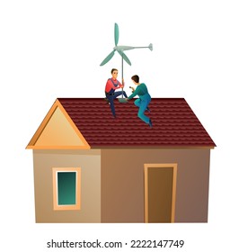 Two working windmills on roof. Electricity generator. Renewable alternative energy. Electricity from the wind. Small house and two workers. Service illustration Isolated on white background. Vector.
