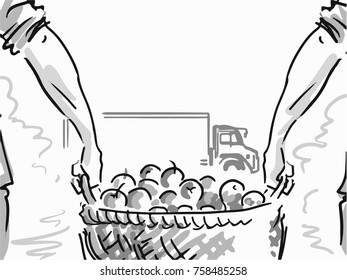 Two workmen carry a basket of apples to the track, closeup. Black and white vector sketch. Simple drawing.