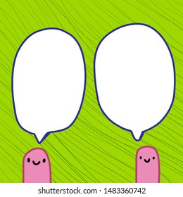 Two worms talking smiling hand drawn vector illustration with speech bubble green background