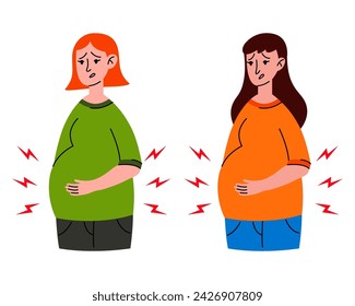 Two worried Pregnant woman stomach ache. Mother in bad condition. Sickness, Pregnancy symptoms, motherhood, Health problem concept. Premature birth, contractions.