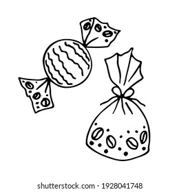 Two wrapped candies. Drawn with outline in doodle style. Vector illustration.