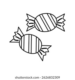 Dois doces embrulhados, representando doces para os convidados da festa. Ilustração de Ícone de Estilo de Arte de Linha