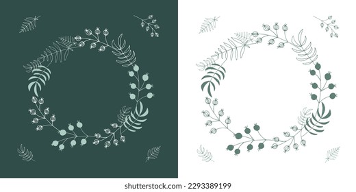 Two wreaths with green twigs and leaves. Hand-drawn vector illustration for greeting and invitation card, postcards.