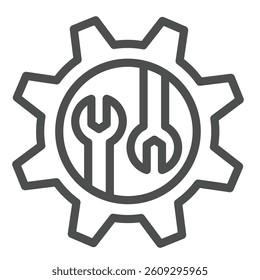 Two wrenches in cogwheel gear line icon, repair service concept. Vector graphics. Mechanic tools, custom settings sign on white background, outline style icon for mobile or web design