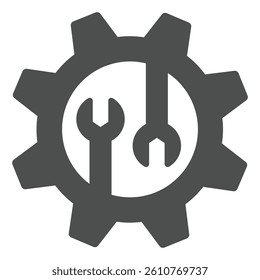 Two wrenches in cogwheel gear solid icon, repair service concept. Vector graphics. Mechanic tools, custom settings sign on white background, glyph style icon for mobile or web design