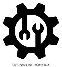 Two wrenches in cogwheel gear solid icon, repair service concept. Vector graphics. Mechanic tools, custom settings sign on white background, style mobile or design