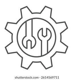 Two wrenches in cogwheel gear thin line icon, repair service concept. Vector graphics. Mechanic tools, custom settings sign on white background, linear style icon for mobile or web design