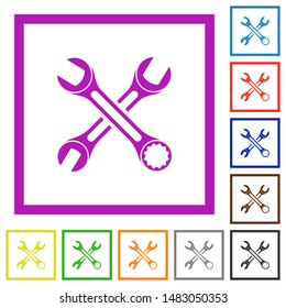 Two wrenches flat color icons in square frames on white background