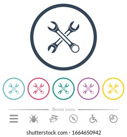 Two wrenches flat color icons in round outlines. 6 bonus icons included.