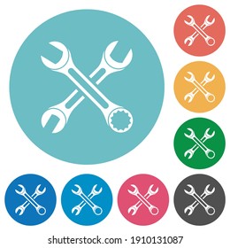 Two wrenches flat white icons on round color backgrounds