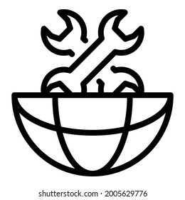 Two wrenches in half a globe icon. Outline two wrenches in half a globe vector icon for web design isolated on white background