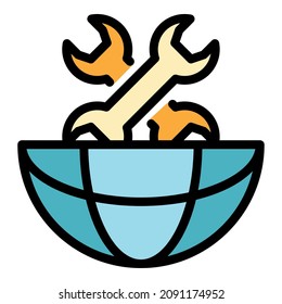 Two wrenches in half a globe icon. Outline two wrenches in half a globe vector icon color flat isolated