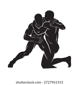 two wrestlers in dynamic grappling pose showcasing strength and athleticism silhouette
