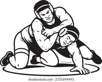 Zwei Wrestler in intensiver Grappling-Action, eine ikonische Darstellung von Stärke und Sport einzeln auf weißem Hintergrund, Illustration
