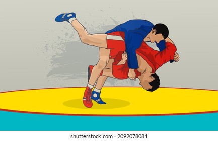 Two wrestlers in red and blue kimonos. Abstract sports background. Russian national wrestling.