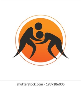 two wrestlers in a scrum, silhouettes in an orange circle