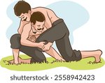 Two wrestlers wrestling on the grass.The vector illustration of the traditional Turkish oil wrestling.