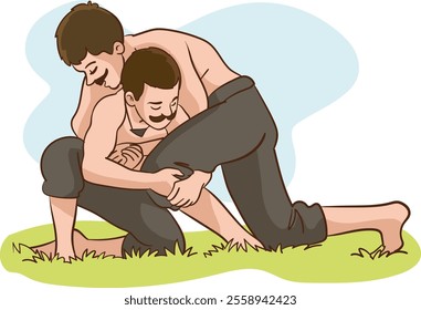 Two wrestlers wrestling on the grass.The vector illustration of the traditional Turkish oil wrestling.