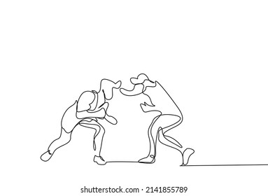 two wrestling men trying to knock each other down