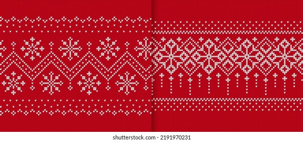 Two Xmas winter geometric textures. Christmas print. Holiday fair isle traditional ornament. Knit seamless pattern. Knitted sweater background. Wool red pullover. Festive crochet. Vector illustration.