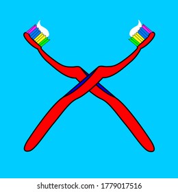 two X-shaped toothbrushes, a red toothbrush with background, vector illustration of a toothbrush with toothpaste