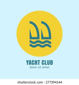Two yachts silhouettes in yellow circle sun on blue background. Vector logo design template. Abstract flat design concept for yacht club, boat rent, cruise, beach rest.