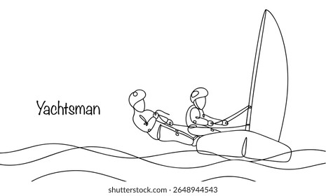 Two yachtsmen control a sailing yacht. They lean their entire weight against the side of the yacht to balance the sail and control the yacht effectively. Isolated vector for different types of use.