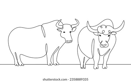 Two yaks. Large animal with large horns. Breeding yaks. World Farm Animals Day. One line drawing for different uses. Vector illustration.