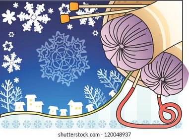 Two Yarn Skeins - cute purple knitting wool and needle with beautiful white snow field and ice tree on happy traditional holiday on blue sky and stripe pattern background : vector illustration