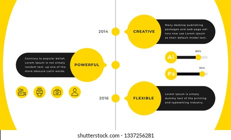 Two Yearly History Timeline Modern Business Presentation Design With Yellow And Gray. Editable Annual Report Flyer Leaflet Corporate Presentation Power Point PPT Template. Simple Webpage Design