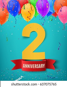 Two years anniversary background with red ribbon confetti and balloons on blue backdrop. Greting card, poster or brochure template design. Vector illustration.