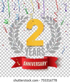 Two years anniversary background with red ribbon, confetti and olive branch. Greeting card, poster or brochure template design. Vector illustration. [Converted]
