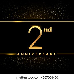 two years anniversary celebration logotype. 2nd anniversary logo with confetti golden colored isolated on black background, vector design for greeting card and invitation card