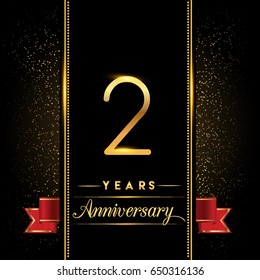 two years anniversary celebration logotype. 2nd anniversary logo with confetti golden colored and red ribbon isolated on black background, vector design for greeting card and invitation card