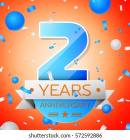 Two years anniversary celebration on orange background. Anniversary ribbon