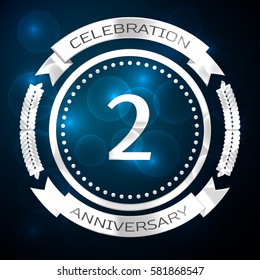 Two years anniversary celebration with silver ring and ribbon on blue background. Vector illustration