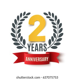 Two years anniversary design. Background with red ribbon and olive branch on white. Greeting card, poster or brochure template. Vector illustration.